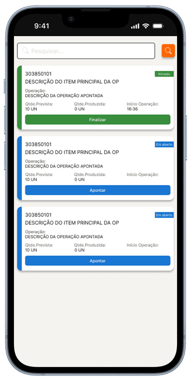 Mockup de um Iphone 14 exibindo a tela do aplicativo Minha Produção, listando as ordens de produção à serem inspecionadas pelo usuário.