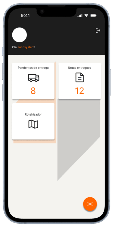 Mockup de um Iphone 14 exibindo a tela de início do aplicativo Minha Logística.